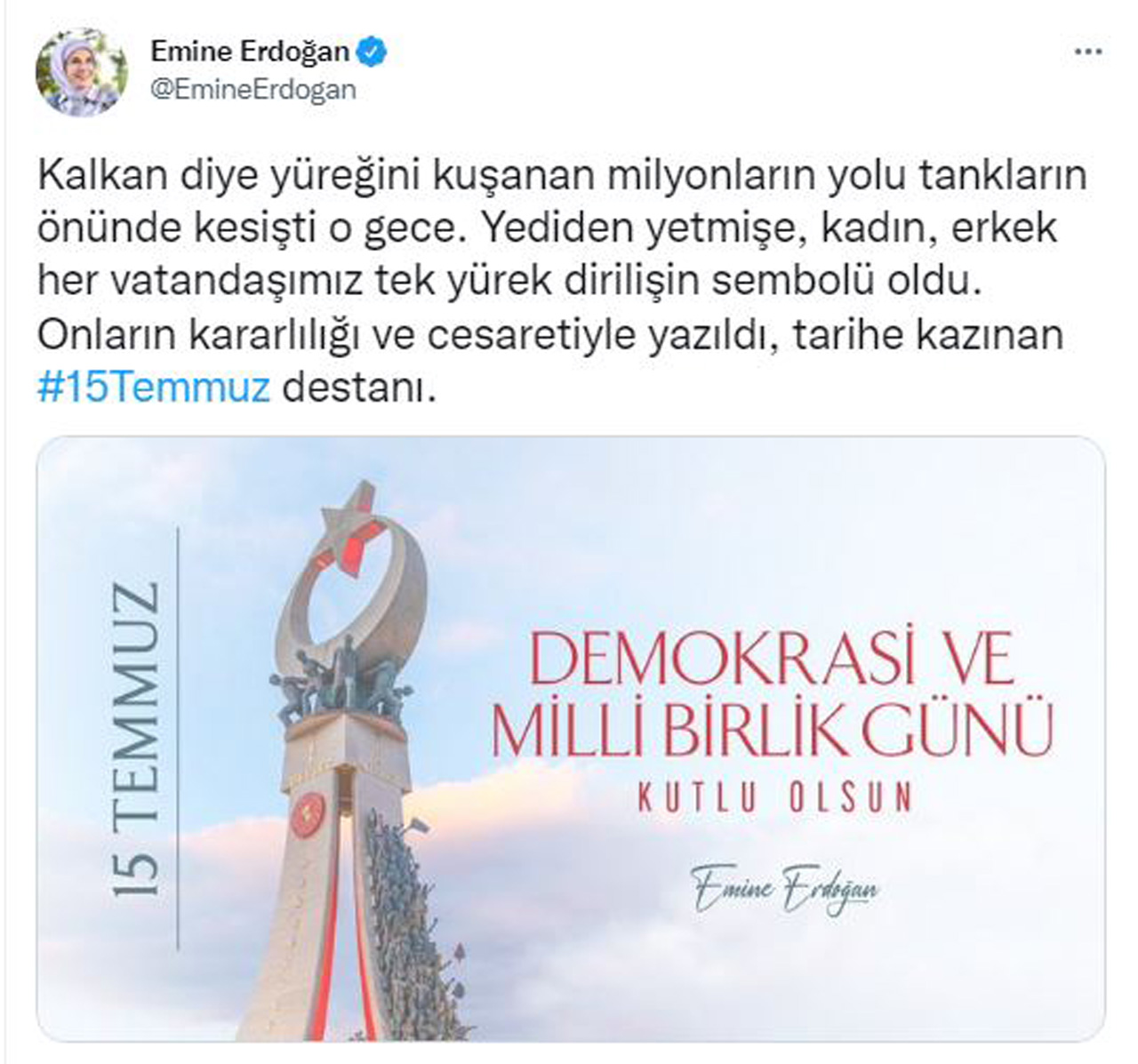 Emine Erdoğan'dan 15 Temmuz paylaşımı