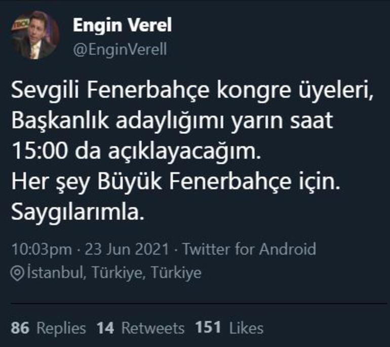 Engin Verel, Fenerbahçe başkanlığına aday oluyor Engin Verel, Fenerbahçe başkanlığına aday oluyor