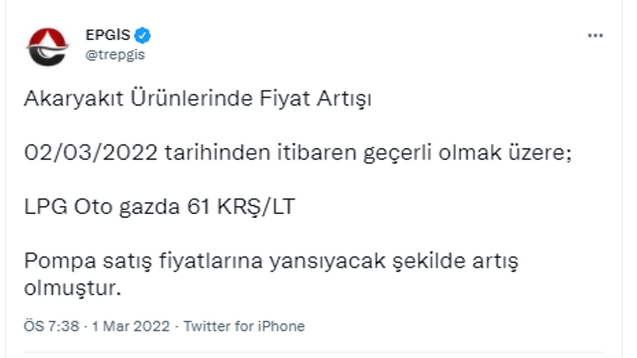 EPGİS duyurdu: LPG'ye zam