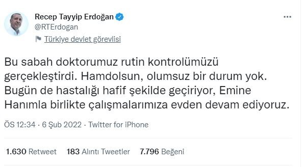 Cumhurbaşkanı Erdoğan'dan sağlık durumuna ilişkin mesaj Cumhurbaşkanı Erdoğan'dan sağlık durumuna ilişkin mesaj