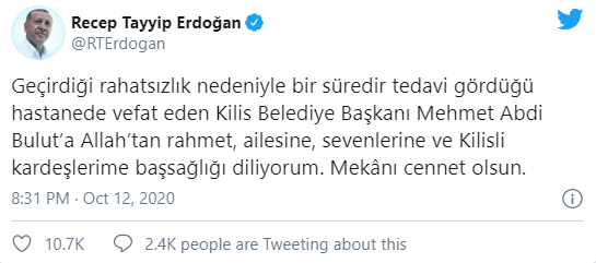Cumhurbaşkanı Erdoğan'dan vefat eden Kilis Belediye Başkanı Bulut için başsağlığı mesajı