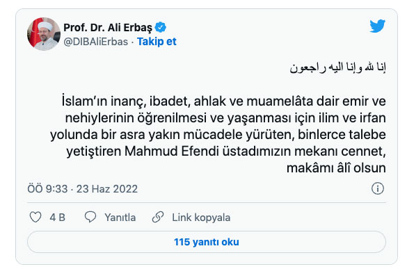 İsmailağa Cemaati lideri Mahmut Ustaosmanoğlu Hoca Efendi vefat etti