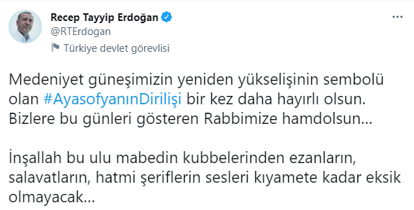 Cumhurbaşkanı Erdoğan'dan Ayasofya mesajı