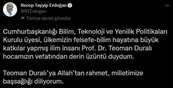 Cumhurbaşkanı Erdoğan'dan Teoman Duralı için taziye mesajı