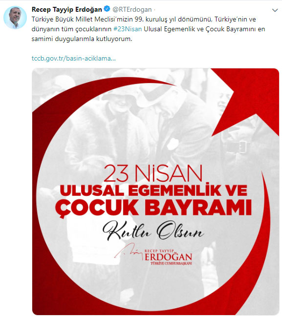 Cumhurbaşkanı Erdoğan'dan 23 Nisan mesajı