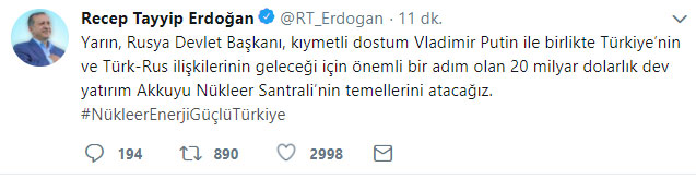 Cumhurbaşkanı Erdoğan'dan Akkuyu Nükleer Santrali müjdesi