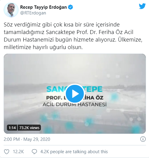 Cumhurbaşkanı Erdoğan'dan Sancaktepe Prof. Dr. Feriha Öz Acil Durum Hastanesi paylaşımı