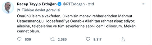 İsmailağa Cemaati lideri Mahmut Ustaosmanoğlu Hoca Efendi vefat etti