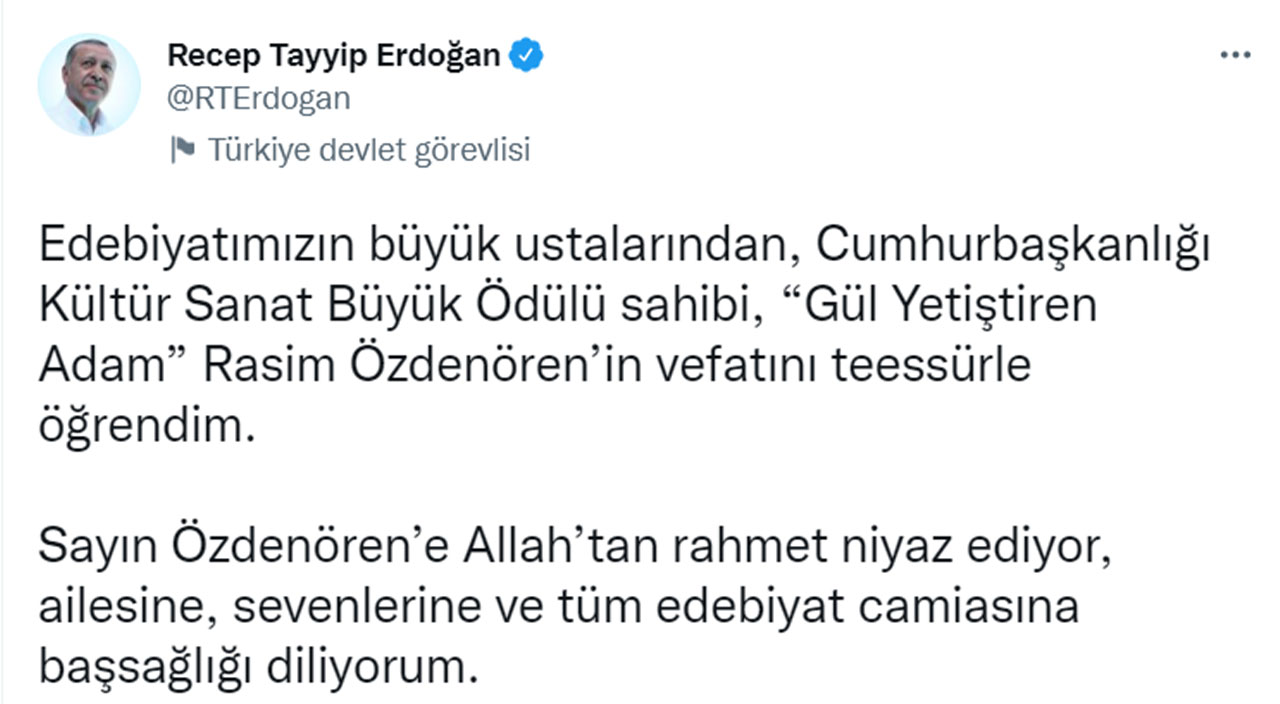 Cumhurbaşkanı Erdoğan'dan Rasim Özdenören için başsağlığı mesajı