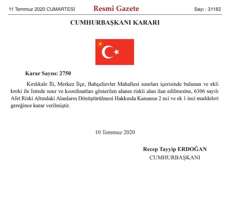 Cumhurbaşkanı Erdoğan'ın imzasıyla Kırıkkale'deki bir alan riskli bölge ilan edildi