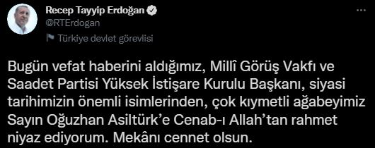 Cumhurbaşkanı Erdoğan'dan Asiltürk için taziye mesajı