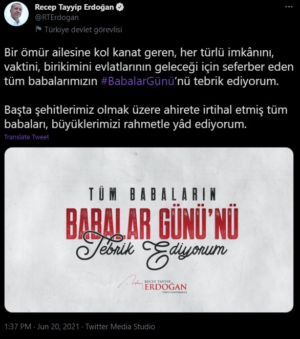 Cumhurbaşkanı Erdoğan'dan Babalar Günü mesajı