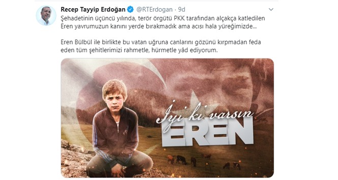 Cumhurbaşkanı Erdoğan'dan Eren Bülbül paylaşımı