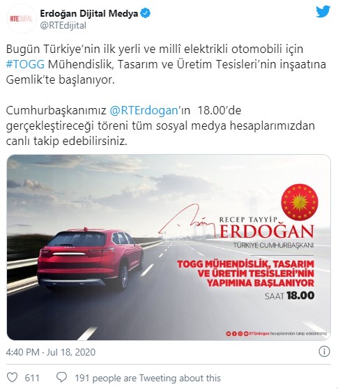 Erdoğan Dijital Medya hesabından yerli ve milli elektrikli otomobil paylaşımı