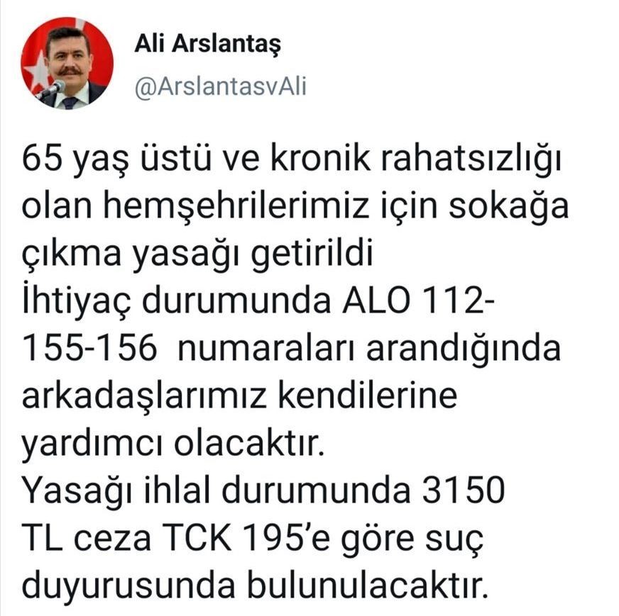 Erzincan’da 65 yaş üzeri keyfi dışarı çıkana 3 bin 150 TL ceza