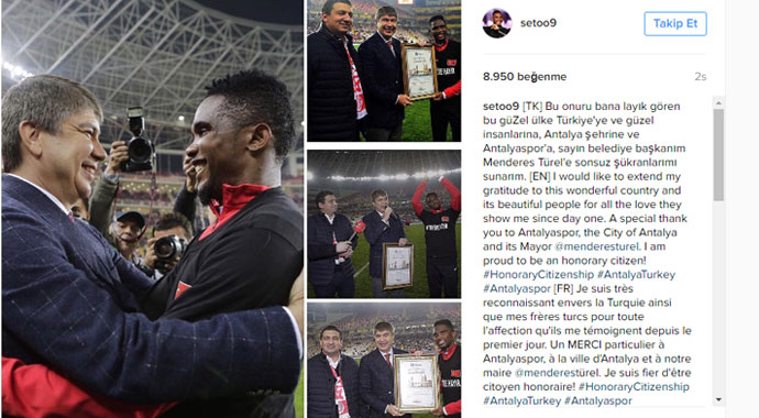 Eto'o'dan 3 dilde teşekkür