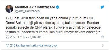 Mehmet Akif Hamzaçebi CHP Genel Sekreterliği'nden istifa etti