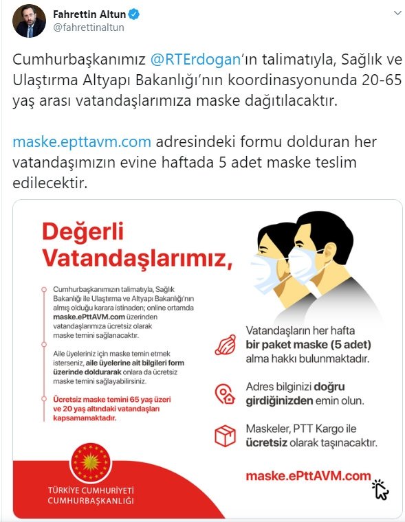 Fahrettin Altun: 20-65 yaş arası vatandaşlara maske dağıtılacak