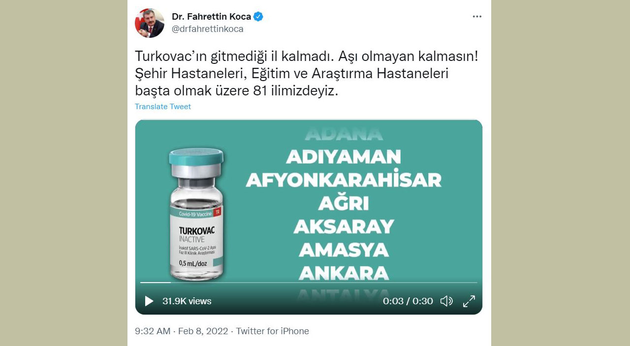 Sağlık Bakanı Koca: TURKOVAC 81 ilde uygulanmaya başlandı