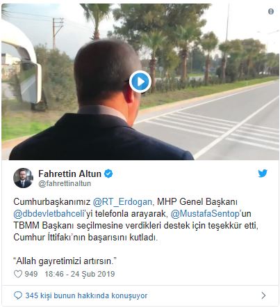 Cumhurbaşkanı Erdoğan'dan Şentop'a tebrik, Bahçeli'ye teşekkür