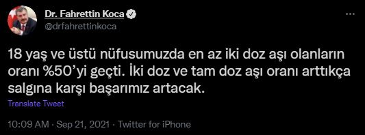 Bakan Koca güzel haberi duyurdu: İki doz aşılananlar yüzde 50'yi aştı