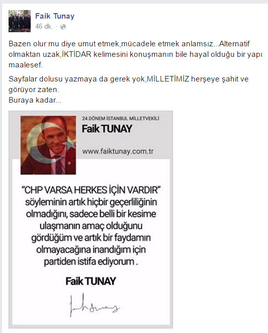 CHP'li Faik Tunay, partisinden istifa etti CHP'li Faik Tunay, partisinden istifa etti