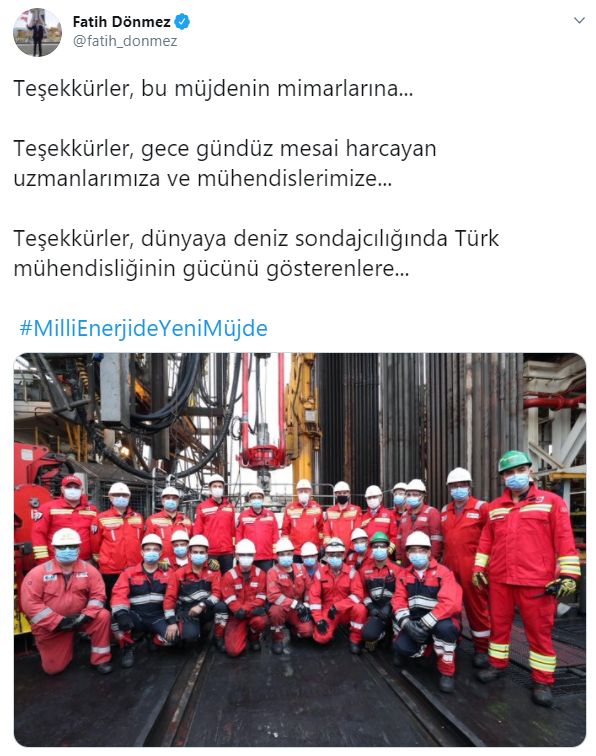 Bakan Dönmez’den Fatih Sondaj Gemisi’nde çalışanlara teşekkür mesajı