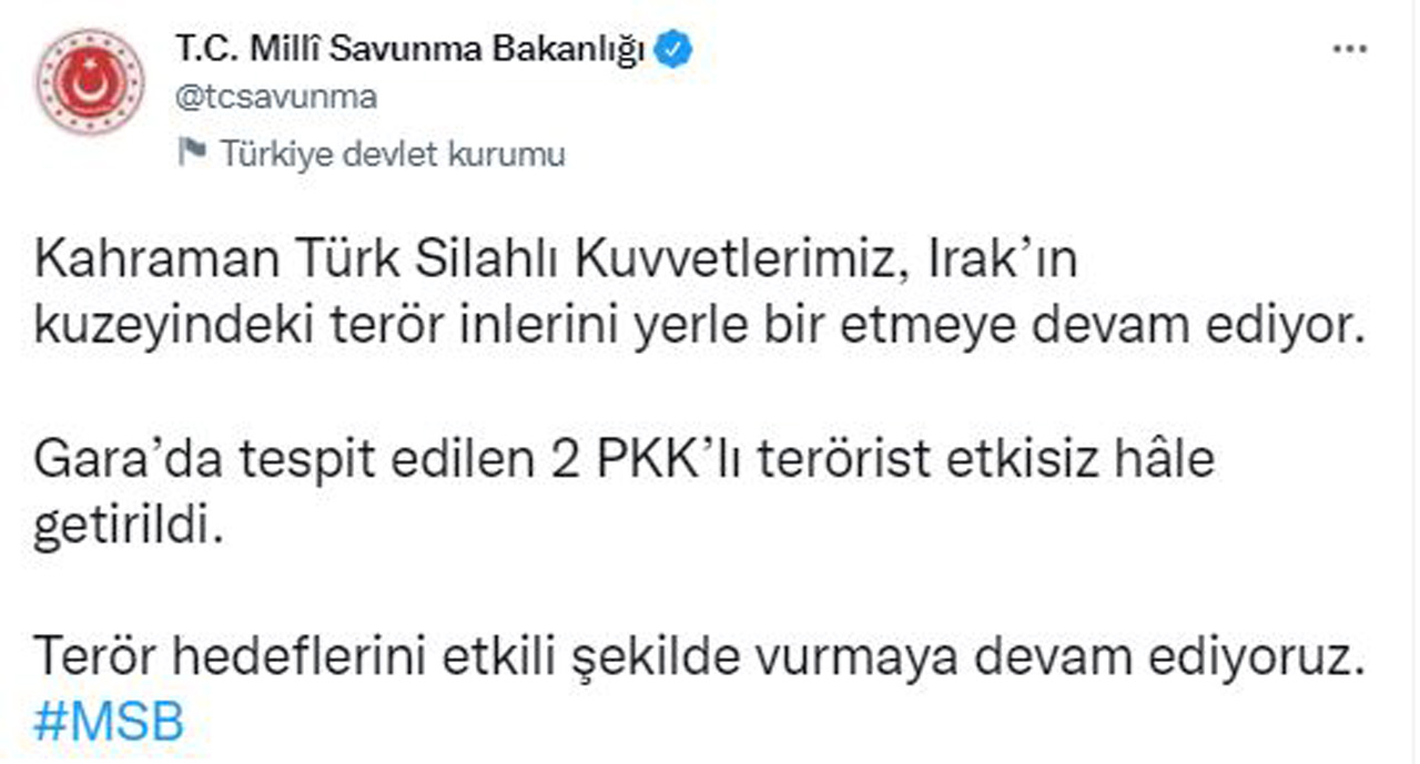 MSB duyurdu: 2 terörist etkisiz hale getirildi