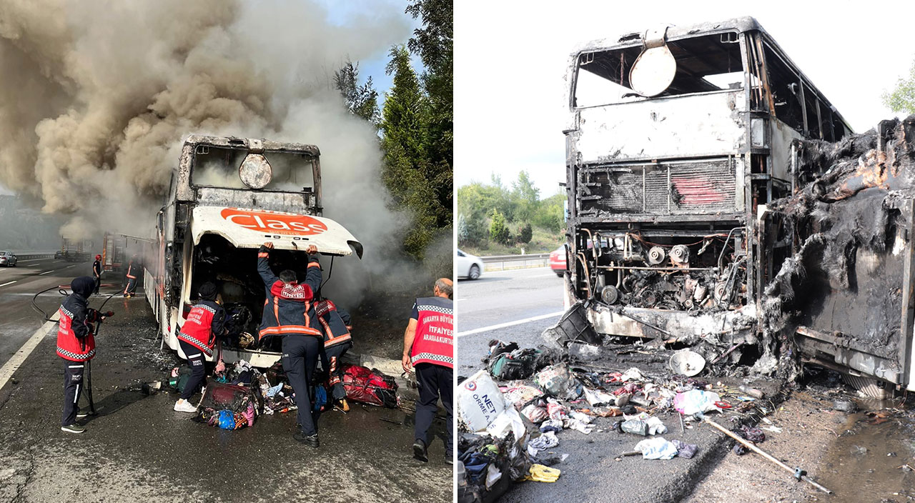 TEM'de alev alan yolcu otobüsü yandı: 74 kişi canlarını son anda kurtardı TEM'de alev alan yolcu otobüsü yandı: 74 kişi canlarını son anda kurtardı