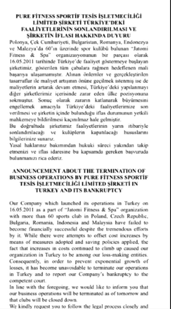 O spor salonları iflasını açıkladı