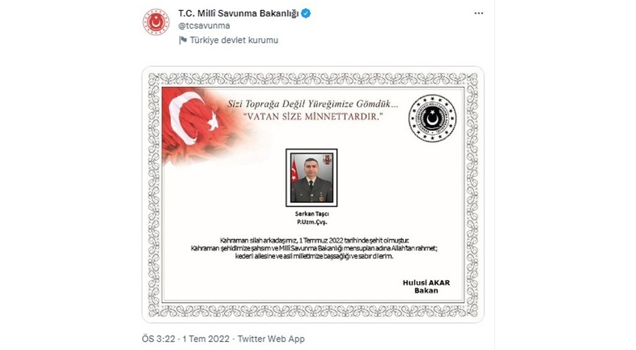 MSB'den acı haber! Pençe-Kilit'te 1 askerimiz şehit oldu MSB'den acı haber! Pençe-Kilit'te 1 askerimiz şehit oldu