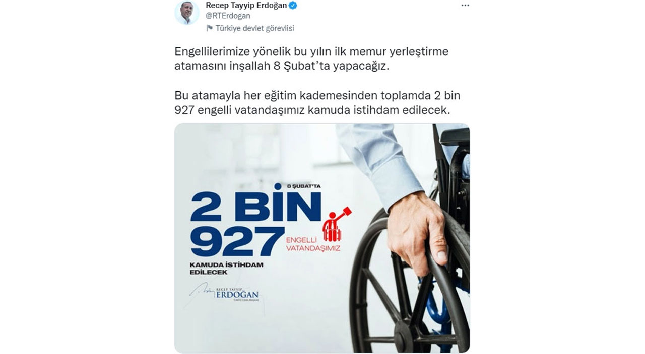 Cumhurbaşkanı Erdoğan müjdeyi verdi: Engelli vatandaşlara kamuda istihdam
