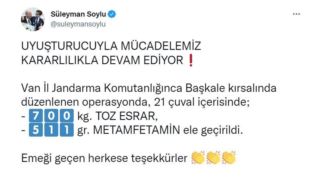 Bakan Soylu duyurdu: 700 kiloyu aşkın uyuşturucu madde ele geçirdi