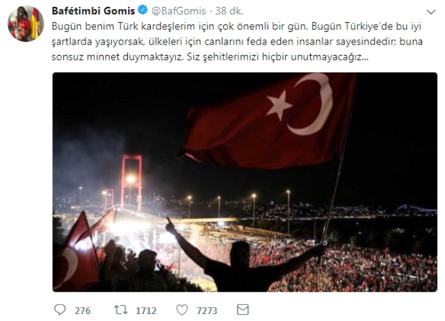Galatasaraylı Bafetimbi Gomis'ten 15 Temmuz paylaşımı