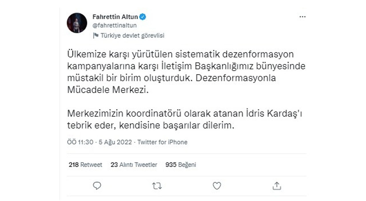 İletişim Başkanlığı bünyesinde Dezenformasyonla Mücadele Merkezi oluşturuldu İletişim Başkanlığı bünyesinde Dezenformasyonla Mücadele Merkezi oluşturuldu