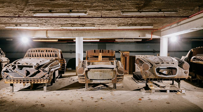 Efsane arabaların tahtadan kopyaları fabrikada tozlar içinde bulundu