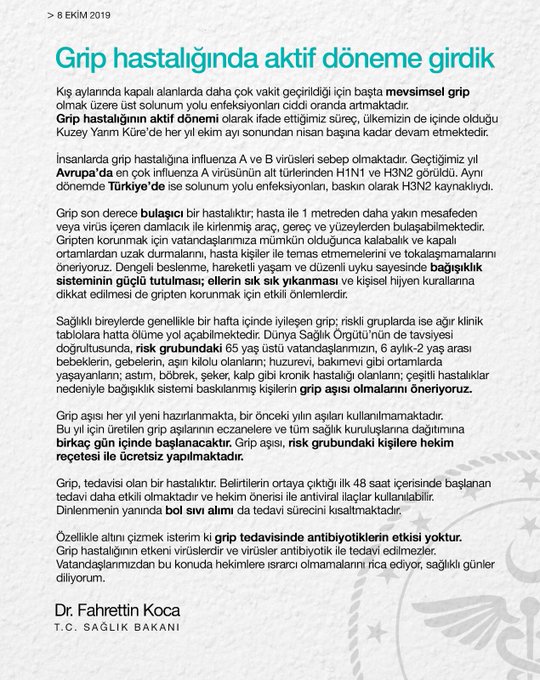 Sağlık Bakanı Fahrettin Koca'dan grip aşısı çağrısı