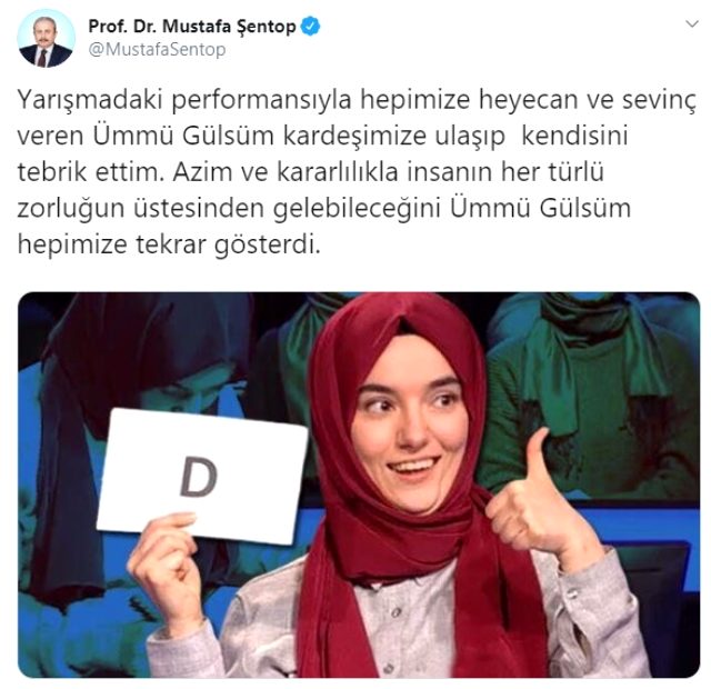 TBMM Başkanı Şentop'tan, Ümmü Gülsüm Genç'e tebrik telefonu