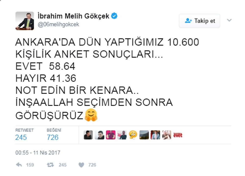 Gökçek son referandum anketini açıkladı