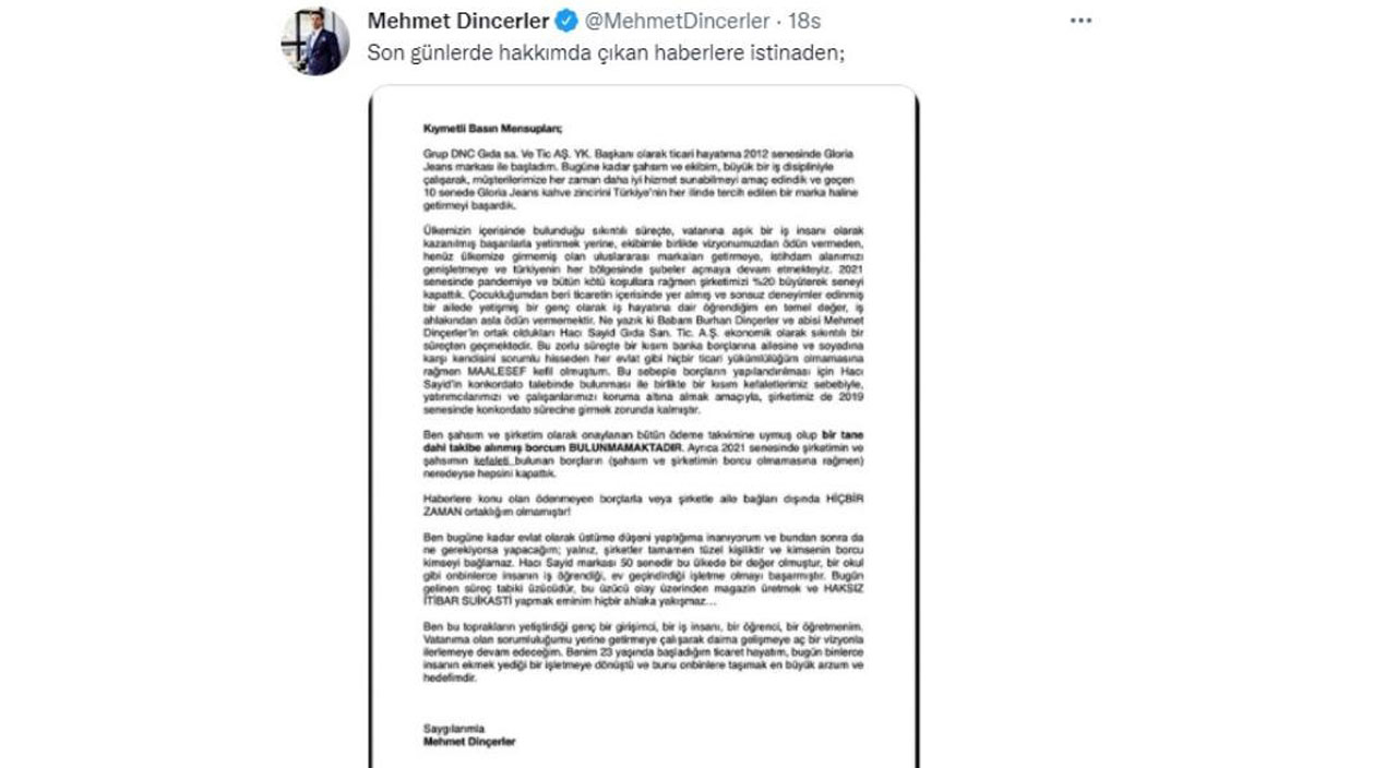 Mehmet Dinçerler sessizliğini bozdu: Bir tane dahi takibe alınmış borcum yok