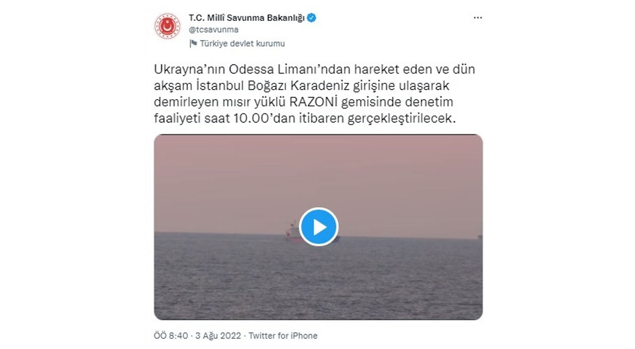 Ukrayna'dan çıkan ilk tahıl yüklü gemi İstanbul Boğazı'nda: Razoni'de denetimler bitti Ukrayna'dan çıkan ilk tahıl yüklü gemi İstanbul Boğazı'nda: Razoni'de denetimler bitti