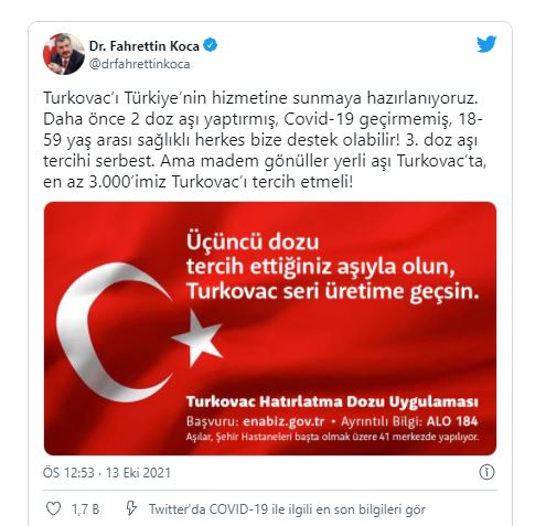 Bakan Koca'dan Turkovac çağrısı