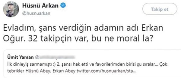 Hüsnü Arkan takipçisinden özür diledi Hüsnü Arkan takipçisinden özür diledi