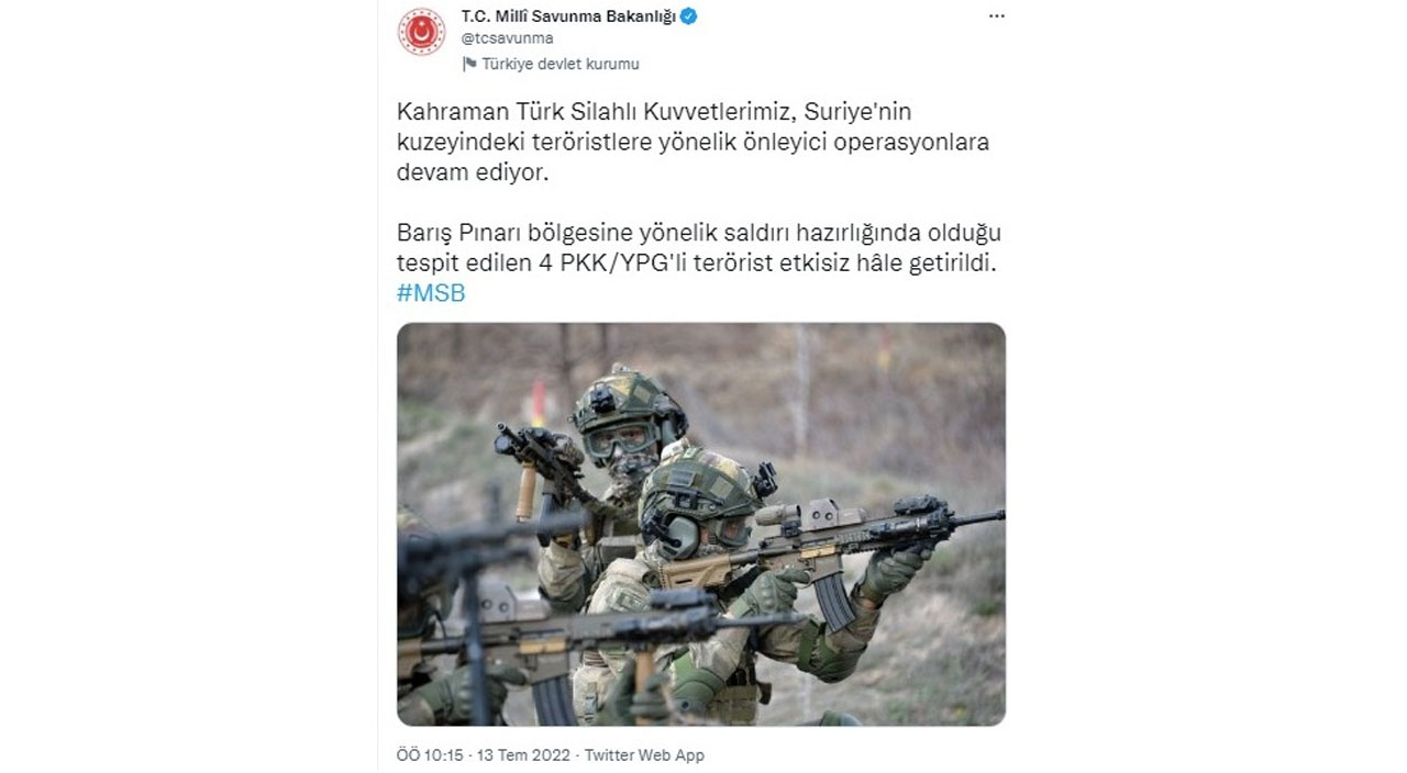 Suriye'nin kuzeyinde PKK'ya darbe! 4 terörist etkisiz Suriye'nin kuzeyinde PKK'ya darbe! 4 terörist etkisiz