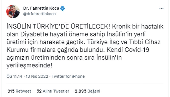 Bakan Koca 'harekete geçtik' diyerek duyurdu: İnsülin artık Türkiye'de üretilecek Bakan Koca 'harekete geçtik' diyerek duyurdu: İnsülin artık Türkiye'de üretilecek