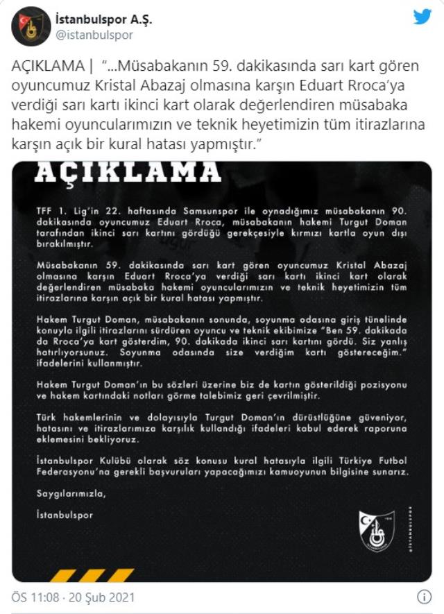 İstanbulspor, Samsunspor maçında kural hatası yapıldığını iddia etti