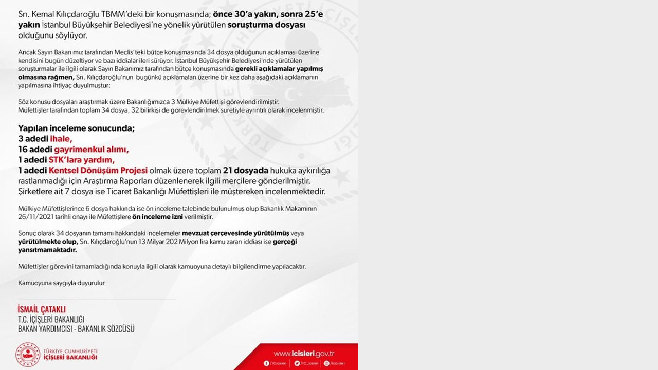 İçişleri'nden Kılıçdaroğlu'na 'İBB' tepkisi