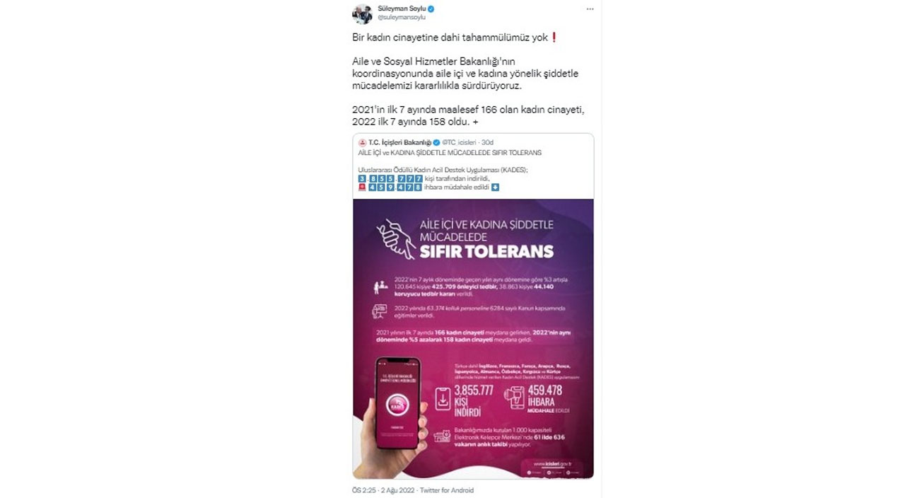 Bakan Soylu: Bir kadın cinayetine dahi tahammülümüz yok