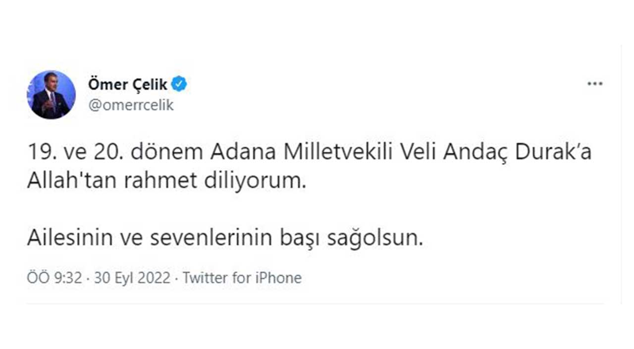 Acı haberi AK Parti Sözcüsü Çelik duyurdu: Eski Milletvekili Veli Andaç Durak hayatını kaybetti Acı haberi AK Parti Sözcüsü Çelik duyurdu: Eski Milletvekili Veli Andaç Durak hayatını kaybetti