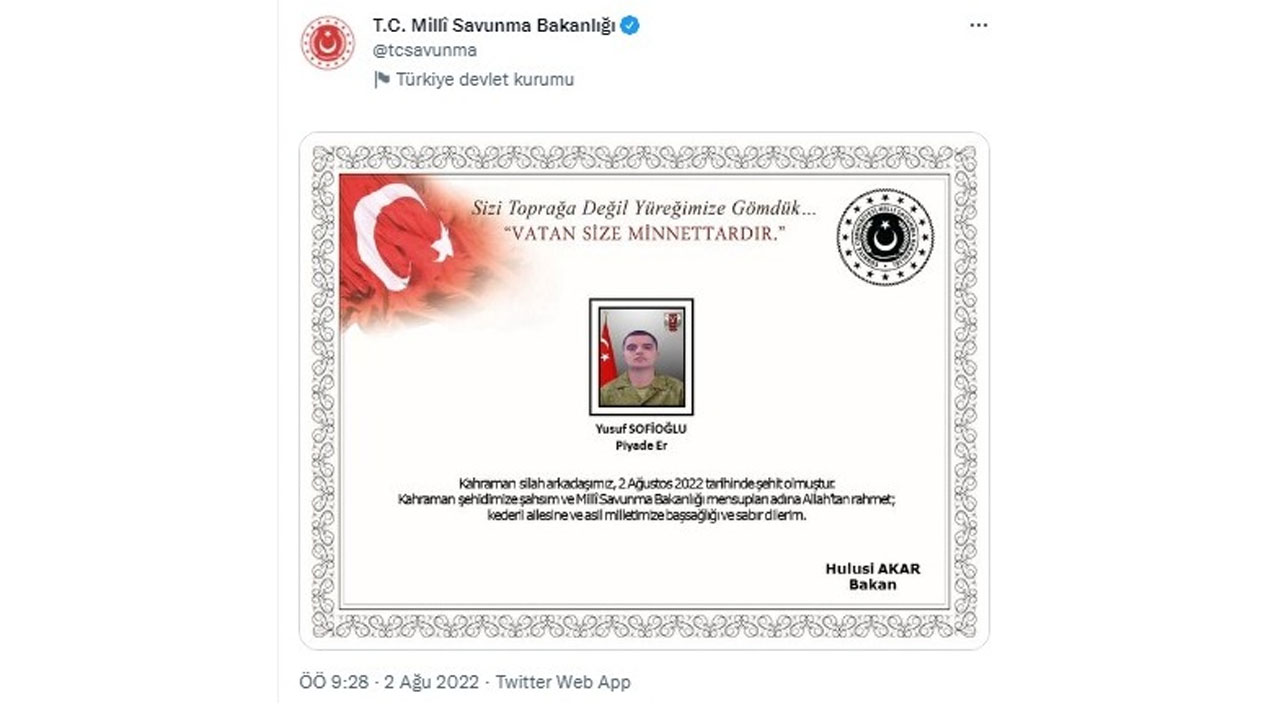 MSB acı haberi duyurdu! 1 askerimiz şehit oldu MSB acı haberi duyurdu! 1 askerimiz şehit oldu